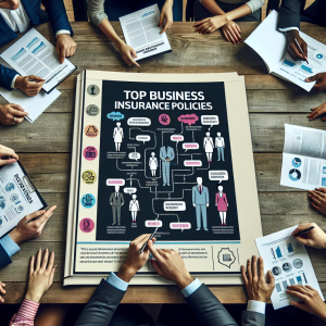 Team reviewing business insurance policies infographic.